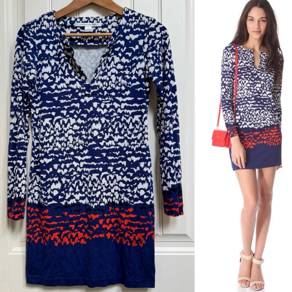 Diane Von Furstenberg Reina Blue and Red Scribble Line Silk Jersey Dress. Size 4
